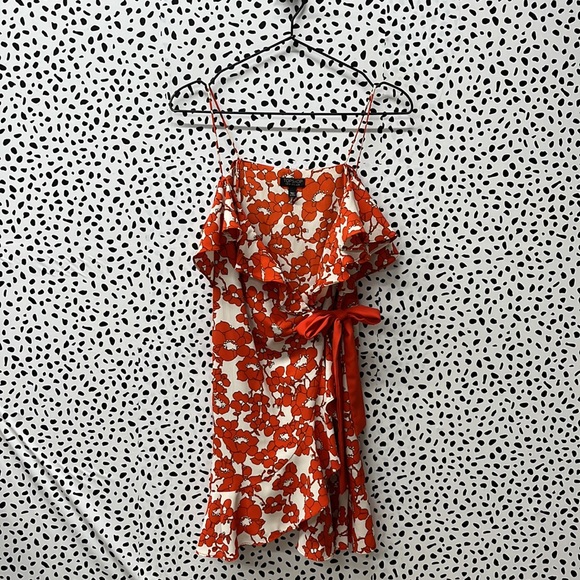 TopShop Orange & White Floral Cold Shoulder Wrap Dress - Picture 2 of 8